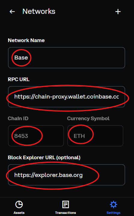 Base network screen showing the default RPC URL