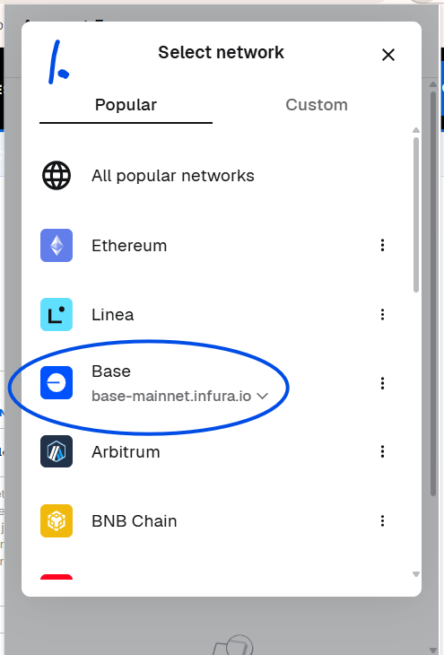 MetaMask network menu with Base in the list