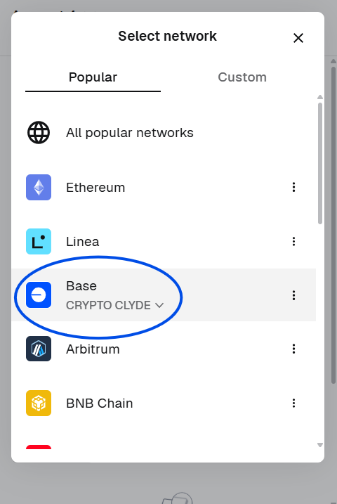 The network menu showing Base with the new RPC