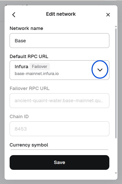 Edit network screen with the Default RPC URL dropdown